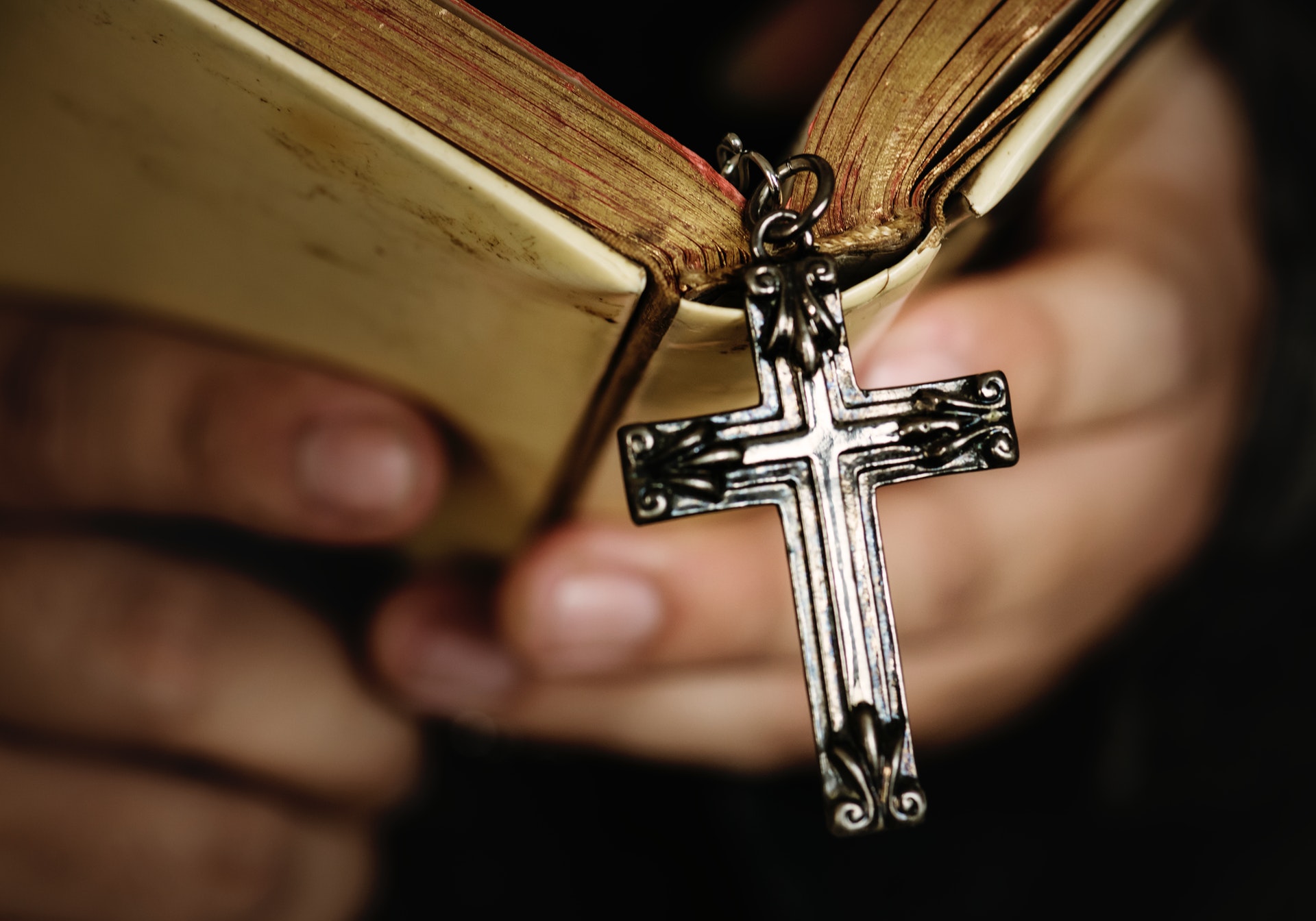 person holding bible with cross